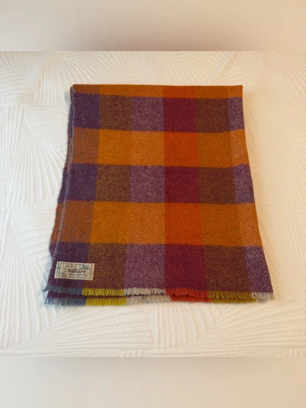 Vintage Virgin Wool Lap Throw Blanket Orange Purple Plaid Millars Ireland 38x46